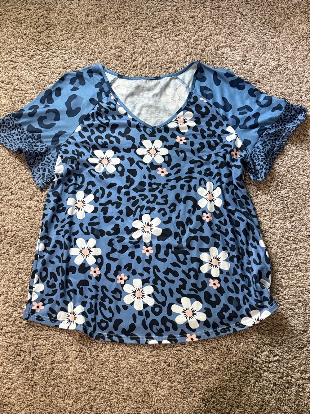 Blue Floral & Leopard Print V-Neck Tee